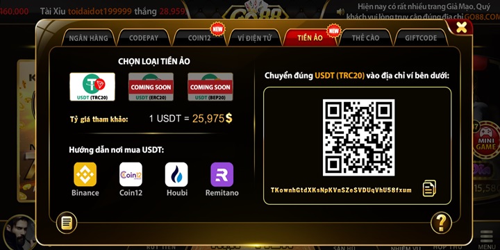 Nạp tiền nổ hũ Go88 bằng tiền ảo 