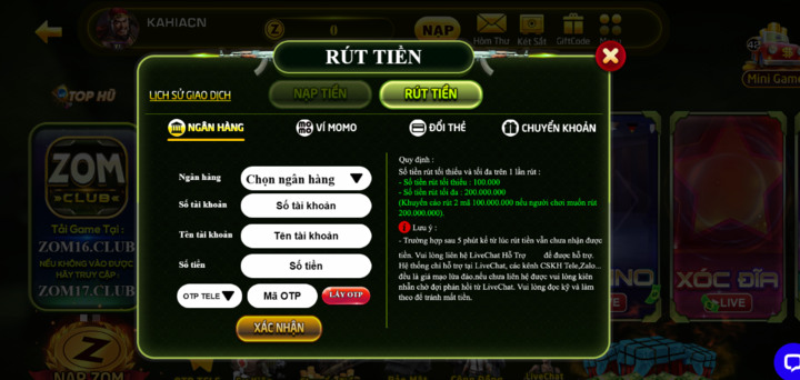 Review các hình thức nạp rút tiền Zomclub